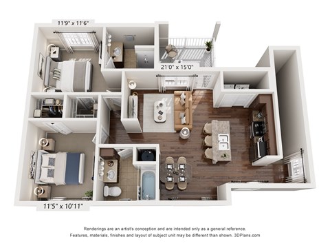 Floor plan for 2 beds, 2 baths, 1057 sqft